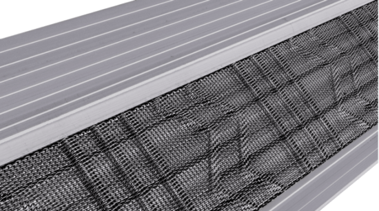 Close-up view of a stainless steel micro-mesh air vent or grille with a finely woven texture, set within a frame of parallel metallic bars. The detail highlights the quality typical of a trusted gutter guard manufacturer.